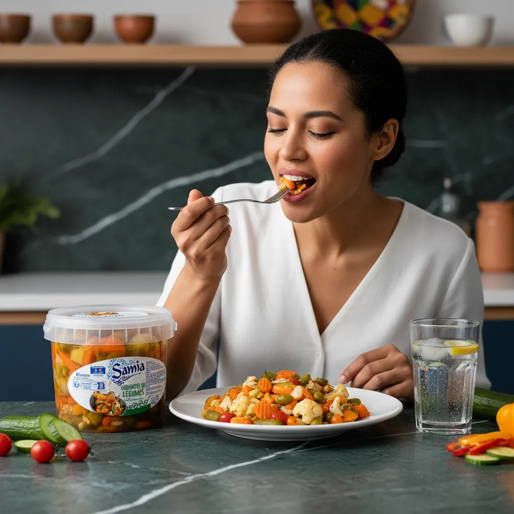Femme dégustant un plat préparé avec les variantes de légumes SAMIA, légumes variés parfaits pour repas équilibrés.
