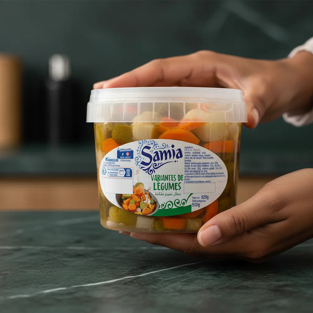 Main tenant un bocal de variantes de légumes SAMIA, légumes variés en conserve pour cuisine du quotidien.