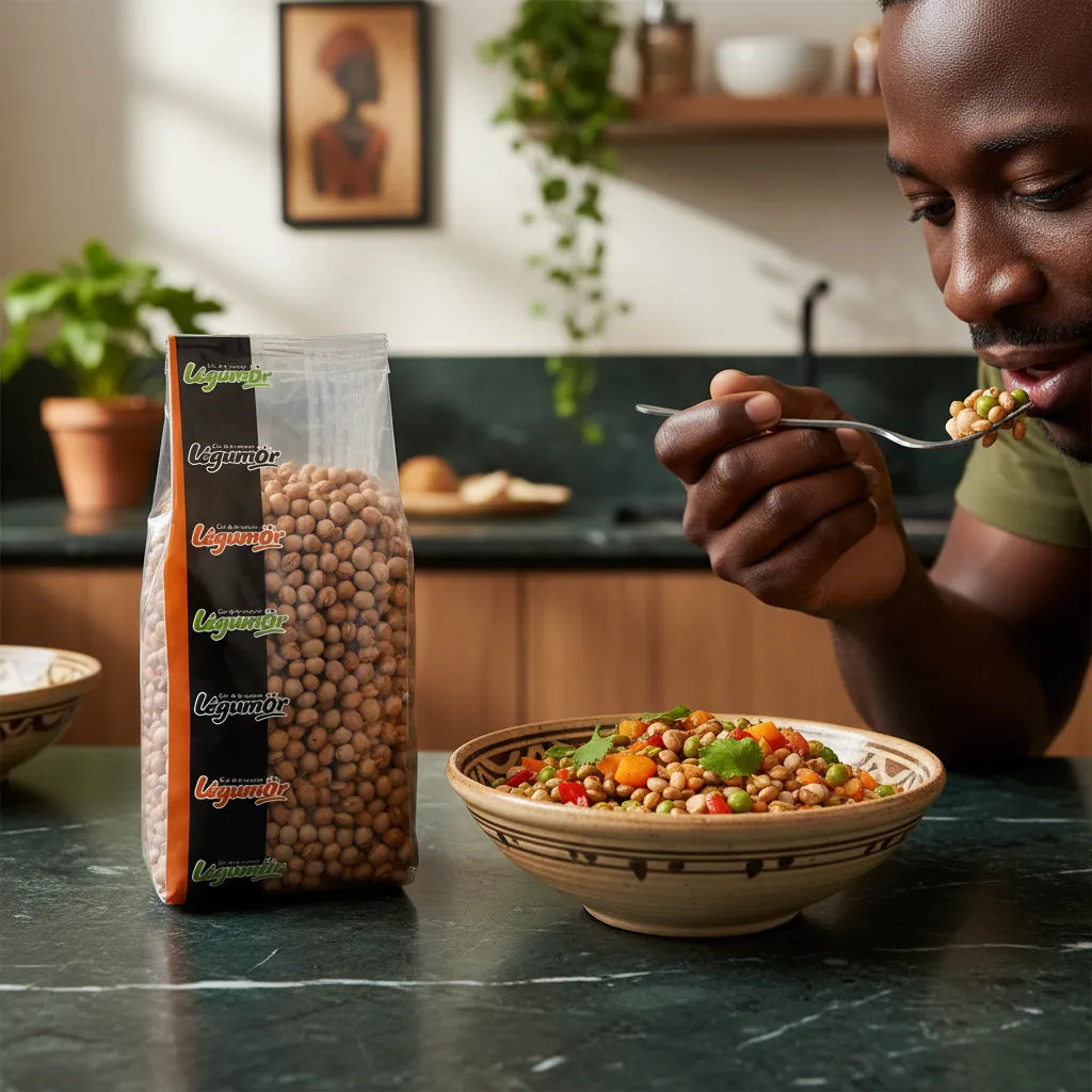 Homme dégustant un plat cuisiné à base de Pois d'Angole LEGUMOR, légume protéiné savoureux, parfait pour une alimentation saine et équilibrée.