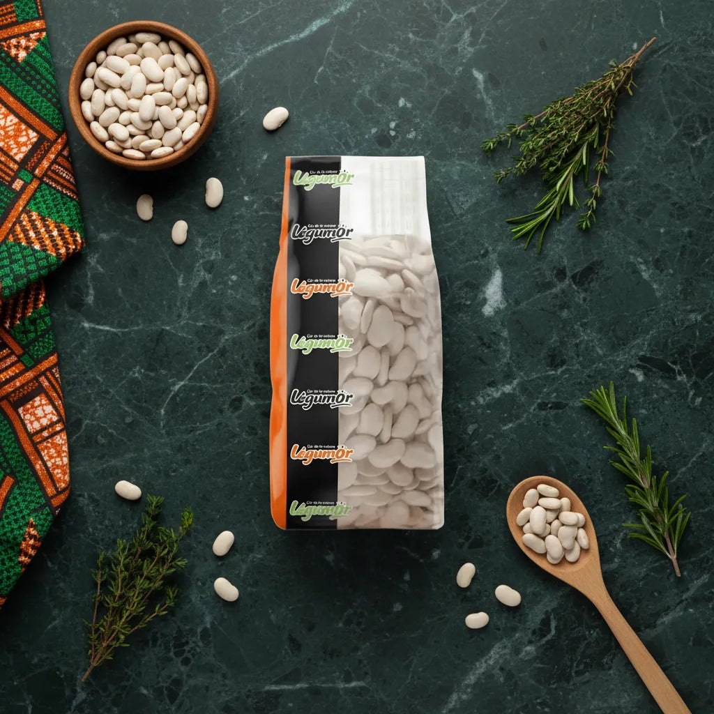 Sachet de Pois du Cap LEGUMOR posé sur un plan de travail avec herbes fraîches et cuillère en bois, parfait pour les recettes traditionnelles.