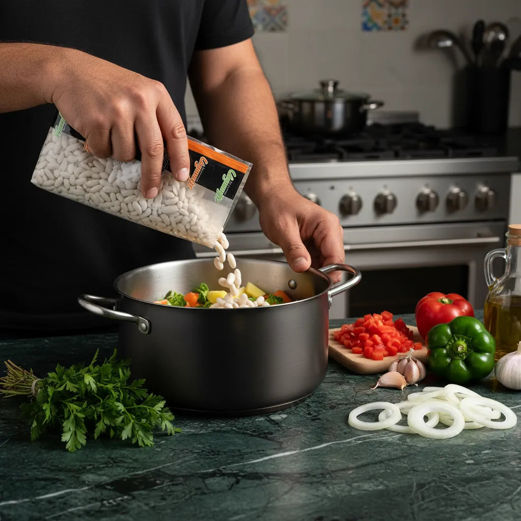 Préparation culinaire avec haricots blancs LEGUMOR ajoutés dans une marmite de légumes, source de fibres et protéines végétales.