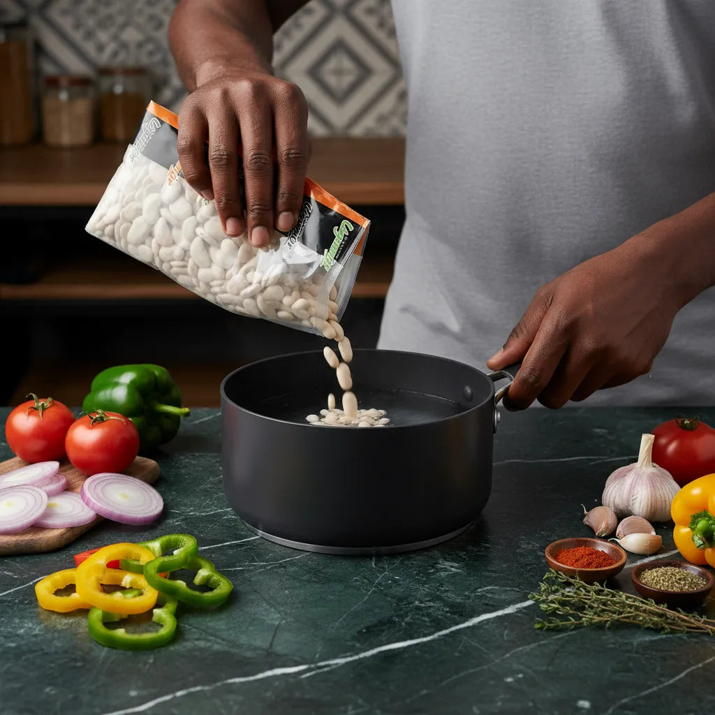 Versement des Pois du Cap LEGUMOR dans une casserole entourée de légumes frais, soulignant leur usage en cuisine saine et équilibrée.