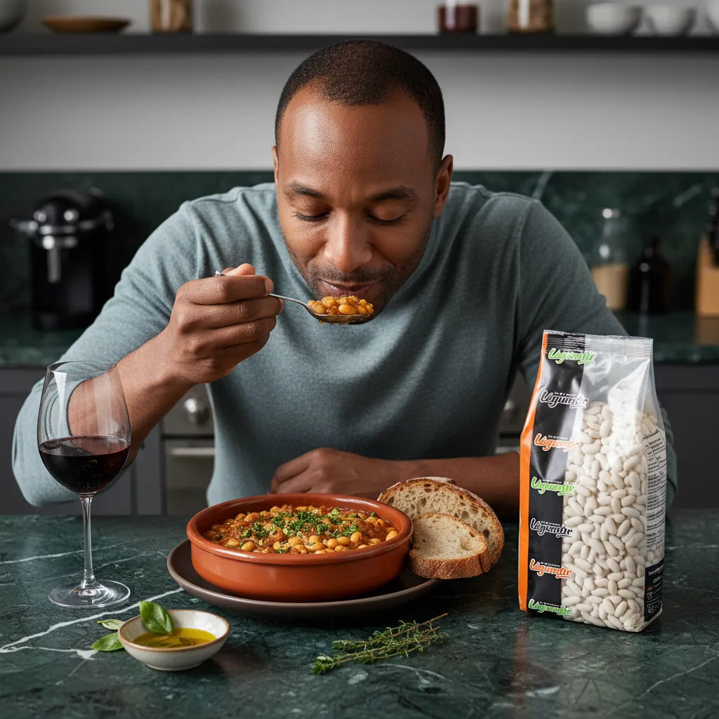 Homme dégustant un plat cuisiné aux cocos blancs LEGUMOR, haricots protéinés accompagnés de pain et vin rouge sur table.
