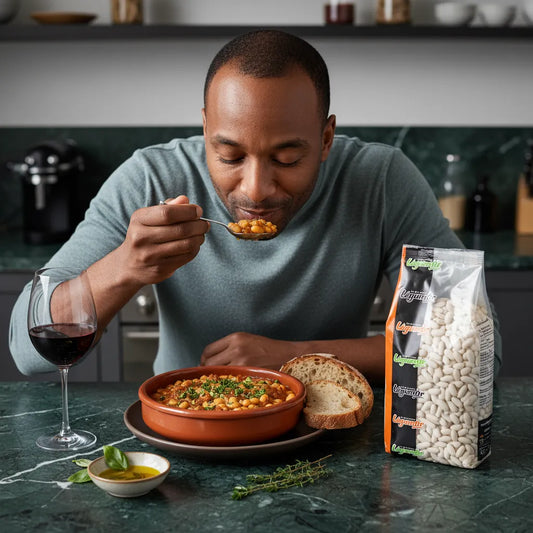 Homme dégustant un plat cuisiné aux cocos blancs LEGUMOR, haricots protéinés accompagnés de pain et vin rouge sur table.