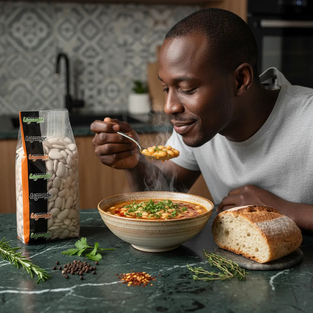 Homme dégustant une soupe chaude préparée avec les Pois du Cap LEGUMOR, accompagnée de pain rustique, illustrant leur versatilité culinaire.