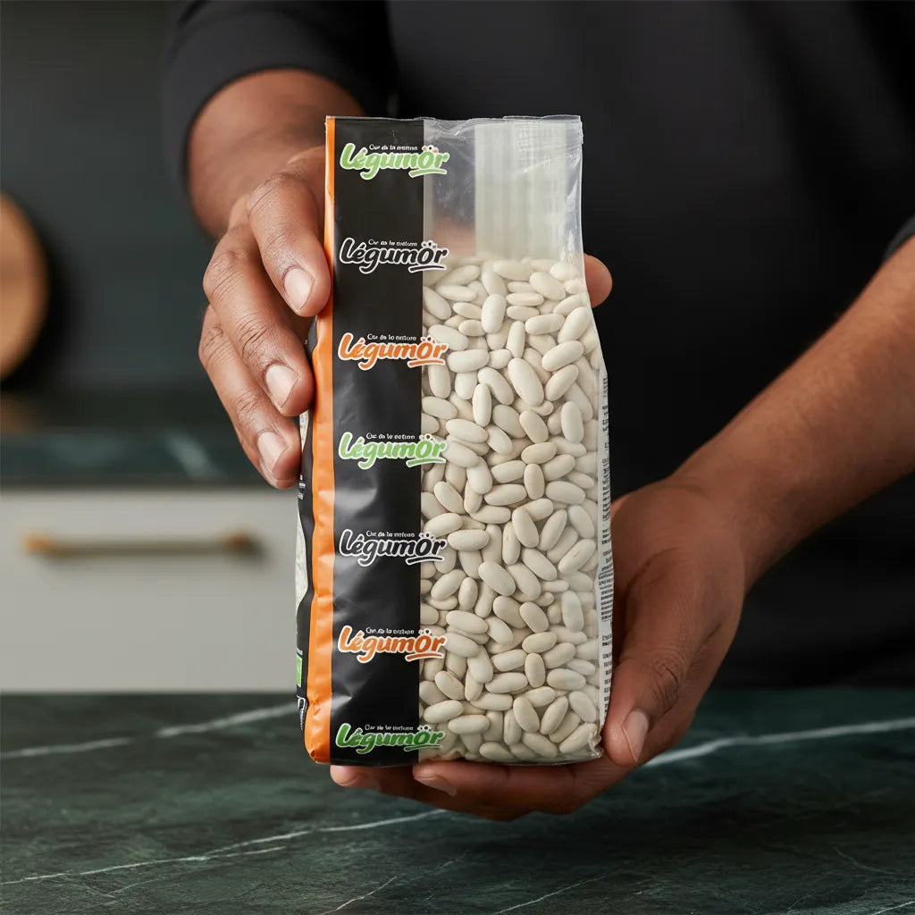 Main tenant un paquet de haricots blancs LEGUMOR, produit d'épicerie salée riche en fibres, parfait pour recettes équilibrées.