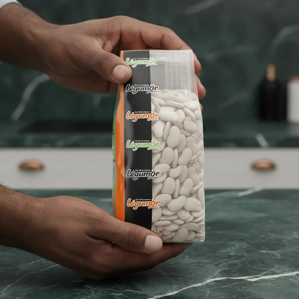 Main tenant un sachet de Pois du Cap LEGUMOR, mettant en valeur la qualité des haricots secs pour une alimentation riche en fibres et protéines.