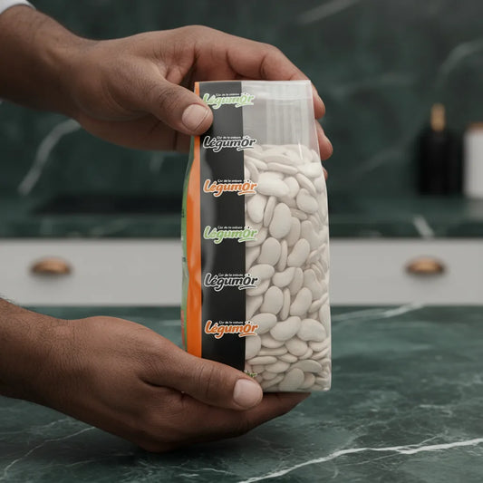 Main tenant un sachet de Pois du Cap LEGUMOR, mettant en valeur la qualité des haricots secs pour une alimentation riche en fibres et protéines.