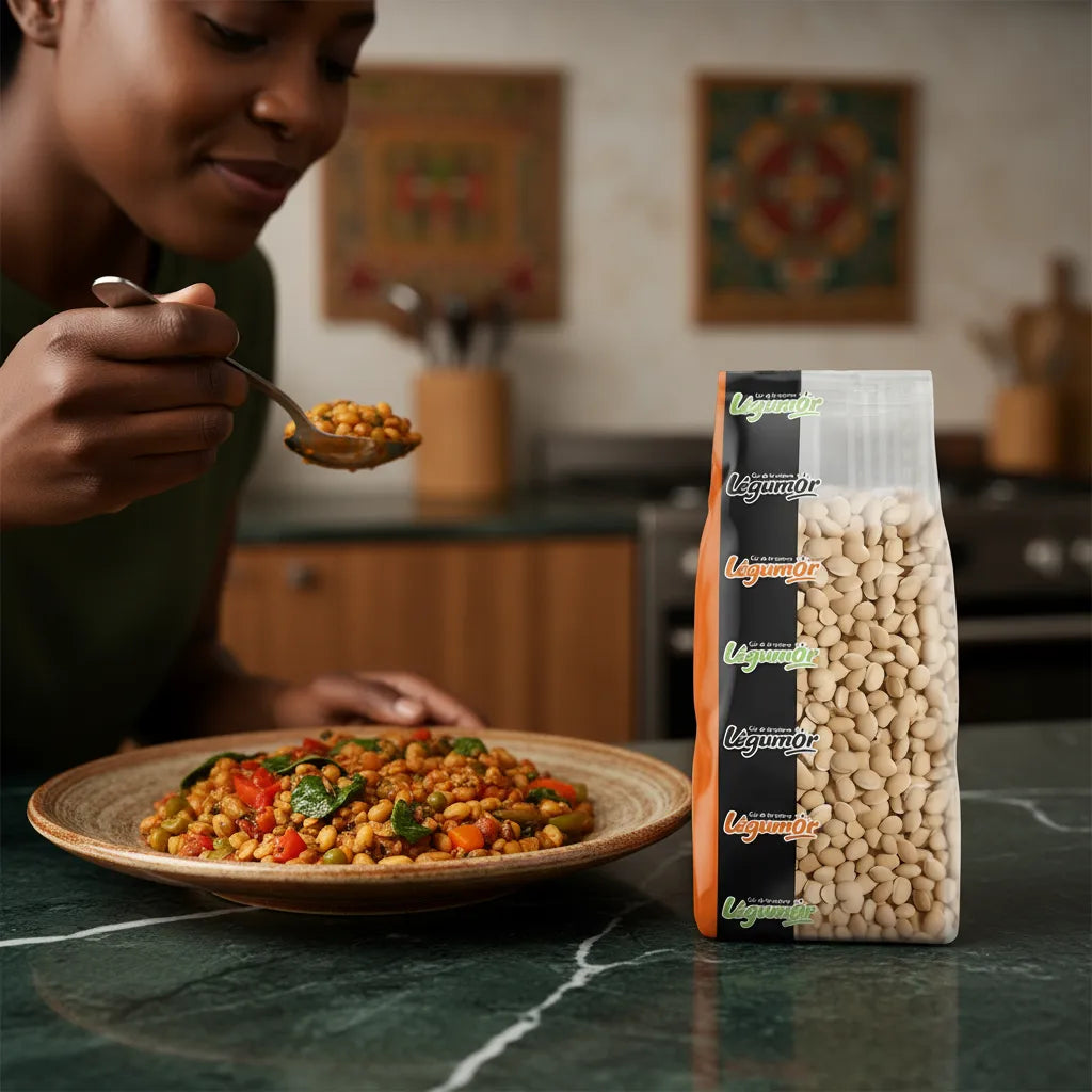 Pois du Val LEGUMOR - Pois Secs servis dans un plat mijoté maison, illustrant un repas nutritif et savoureux à base de légumineuses.