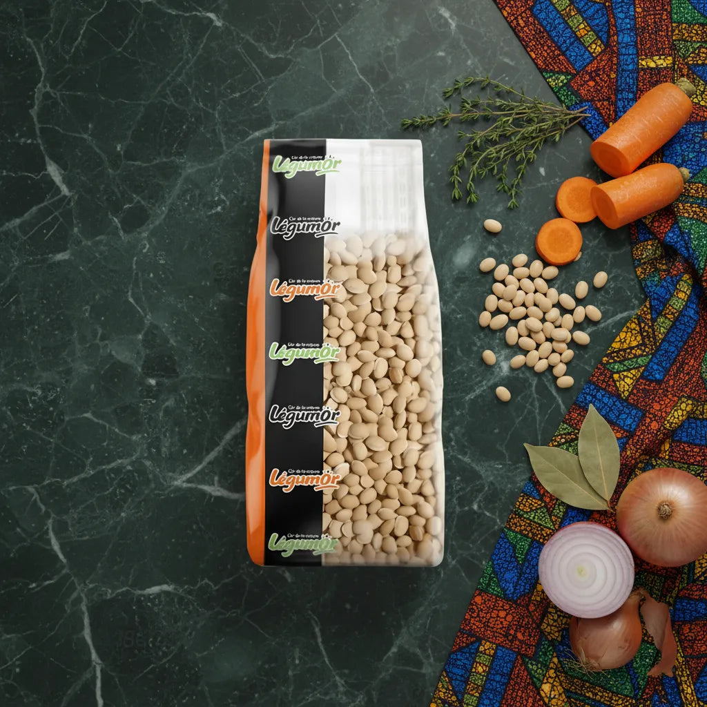 Pois du Val LEGUMOR - Pois Secs posés sur un plan de travail avec légumes frais, idéals pour cuisiner des plats équilibrés et sains.