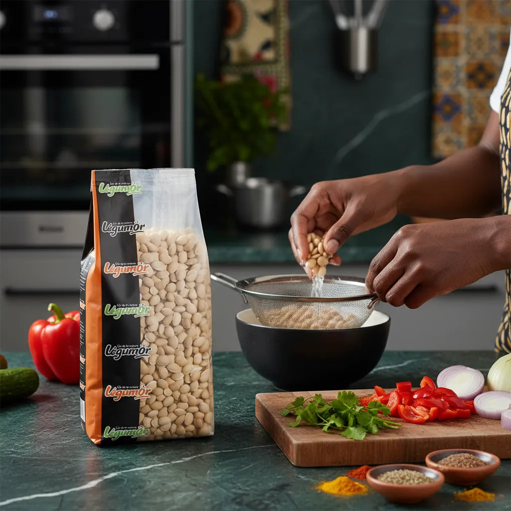 Pois du Val LEGUMOR - Pois Secs rincés dans une passoire, étape de préparation d’un plat maison riche en fibres et protéines végétales.