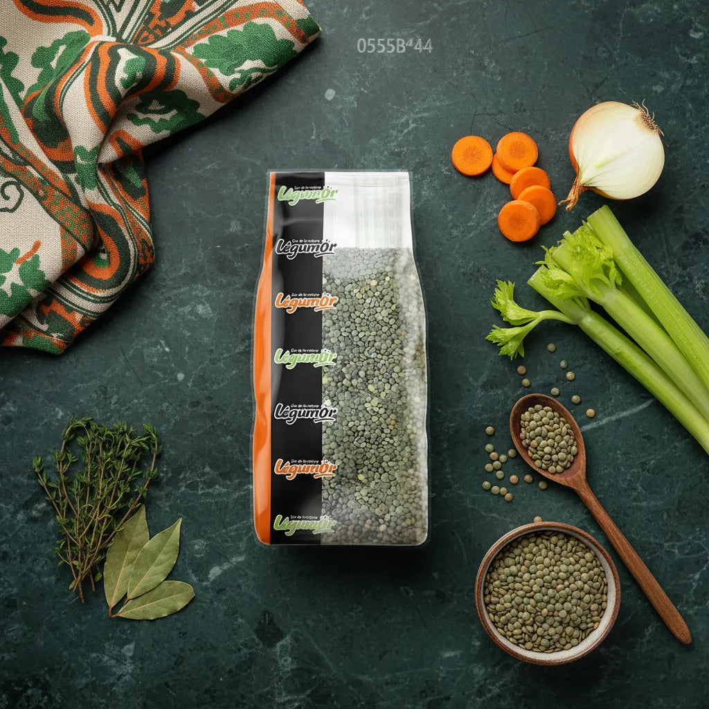 Lentilles vertes LEGUMOR posées sur un plan de travail avec légumes frais, parfaites pour des recettes saines et riches en goût.