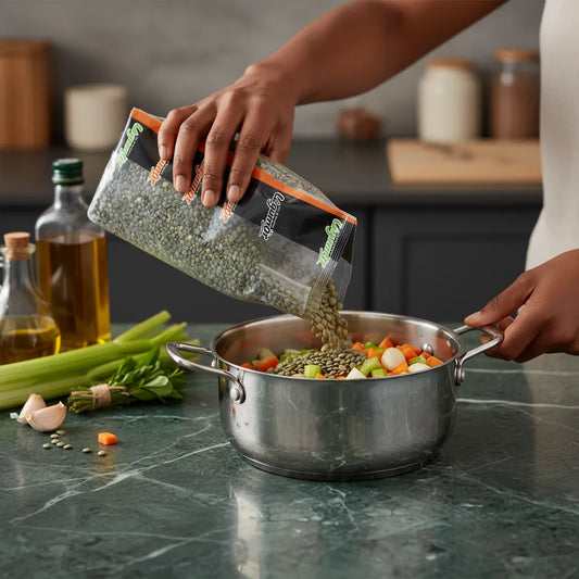 Versement de lentilles vertes LEGUMOR dans une marmite de légumes, idéal pour préparer des plats mijotés nutritifs et savoureux.