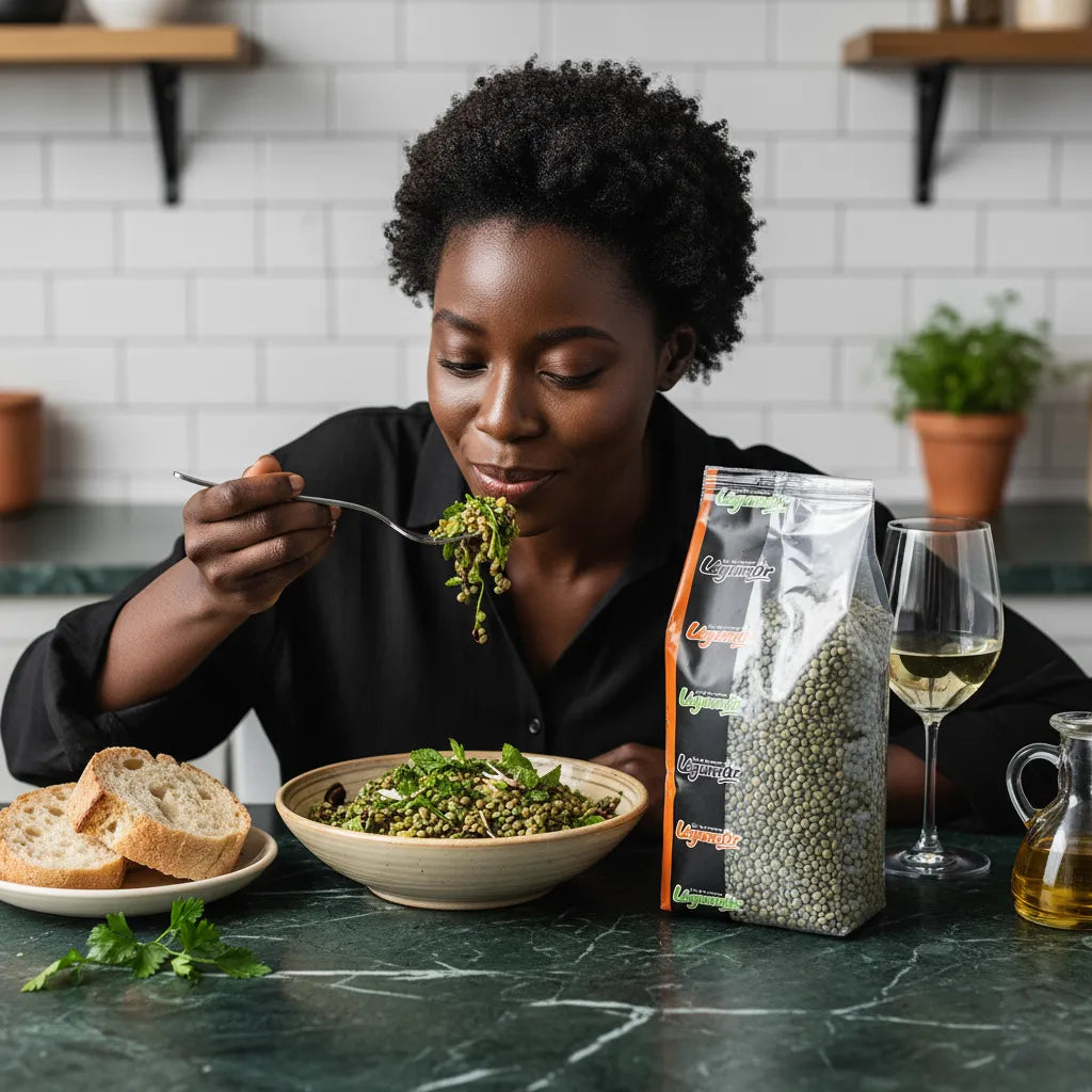 Femme dégustant un plat de lentilles vertes LEGUMOR avec pain et vin blanc, illustrant leur usage culinaire savoureux et polyvalent.
