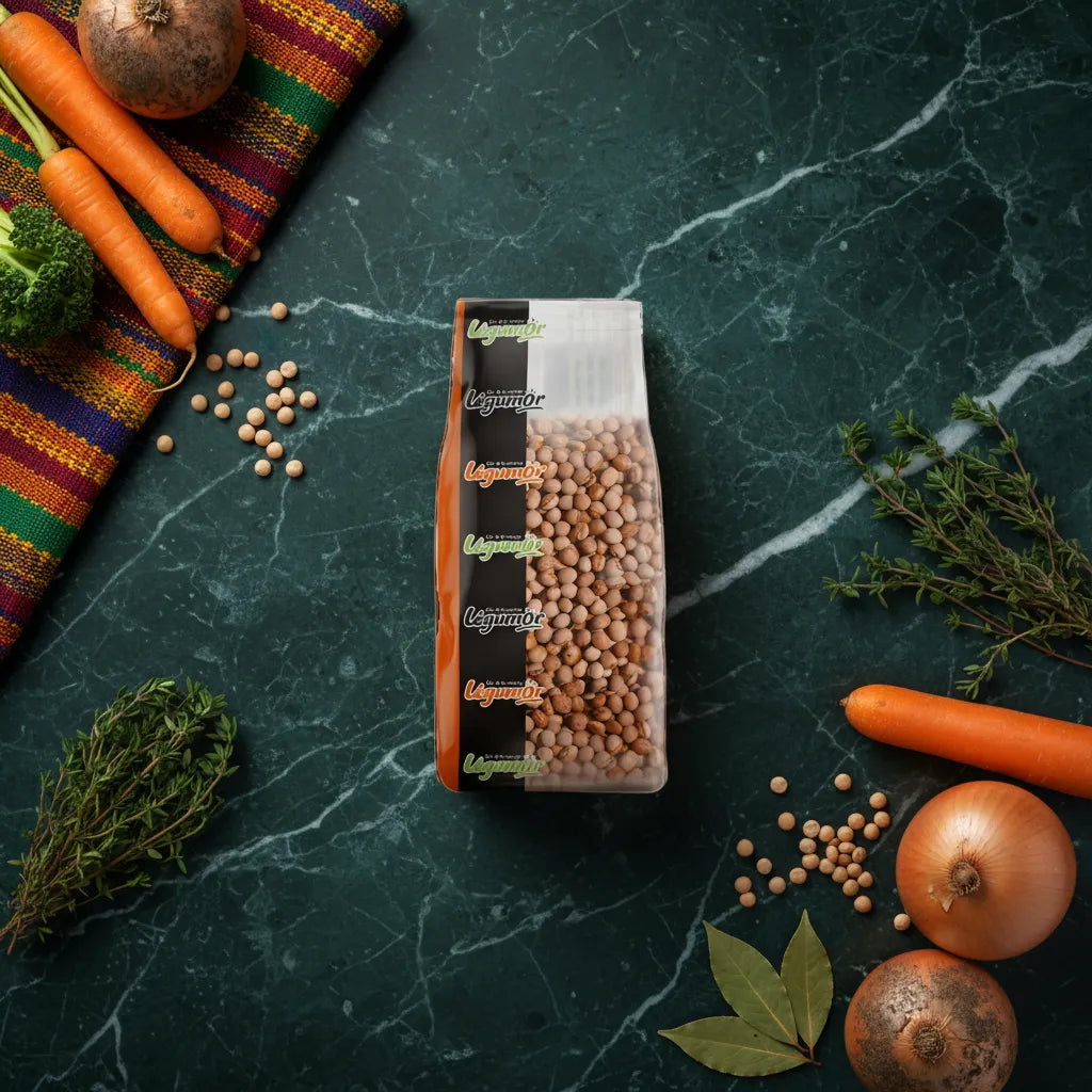 Sachet de Pois d'Angole LEGUMOR posé sur un plan de travail avec légumes frais, illustrant un ingrédient sec idéal pour soupes et plats mijotés.