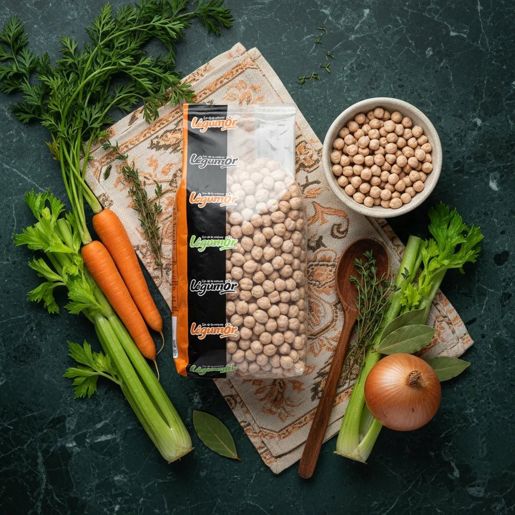 Pois chiches 9mm LEGUMOR entourés de légumes frais, idéals pour plats mijotés et recettes maison riches en saveurs.
