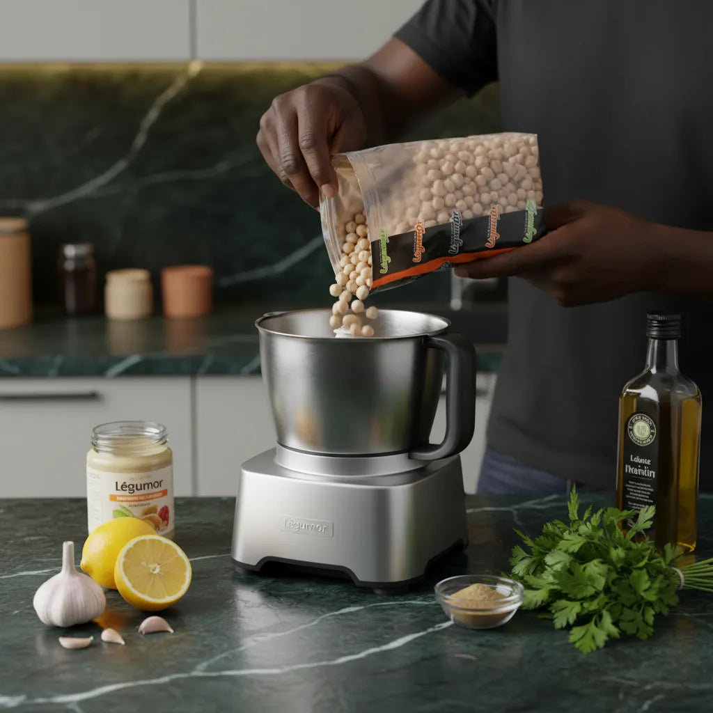 Préparation de houmous avec pois chiches 9mm LEGUMOR versés dans un mixeur, accompagnés d’ingrédients frais.