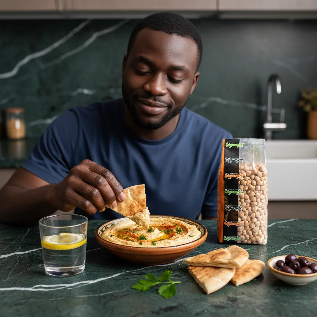 Pois chiches 9mm LEGUMOR servis en houmous avec pain pita, illustrant leur texture ferme et leur polyvalence culinaire.