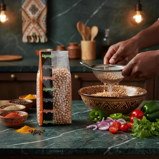 Préparation culinaire avec Pois d'Angole LEGUMOR rincés dans une passoire, entourés d'épices et légumes, parfaits pour une cuisine riche en protéines.