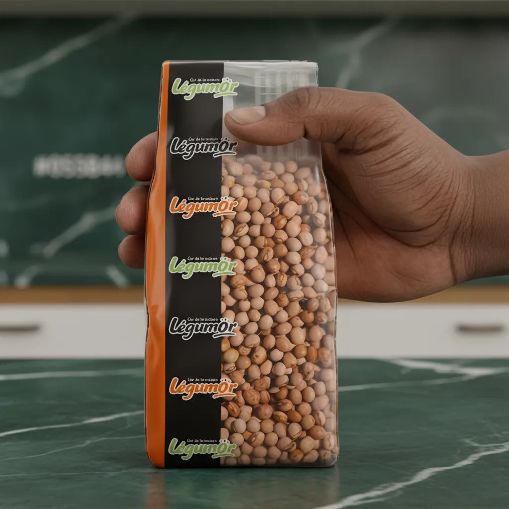 Main tenant un sachet de Pois d'Angole LEGUMOR, légume sec riche en protéines, parfait pour l'épicerie salée et les recettes traditionnelles.