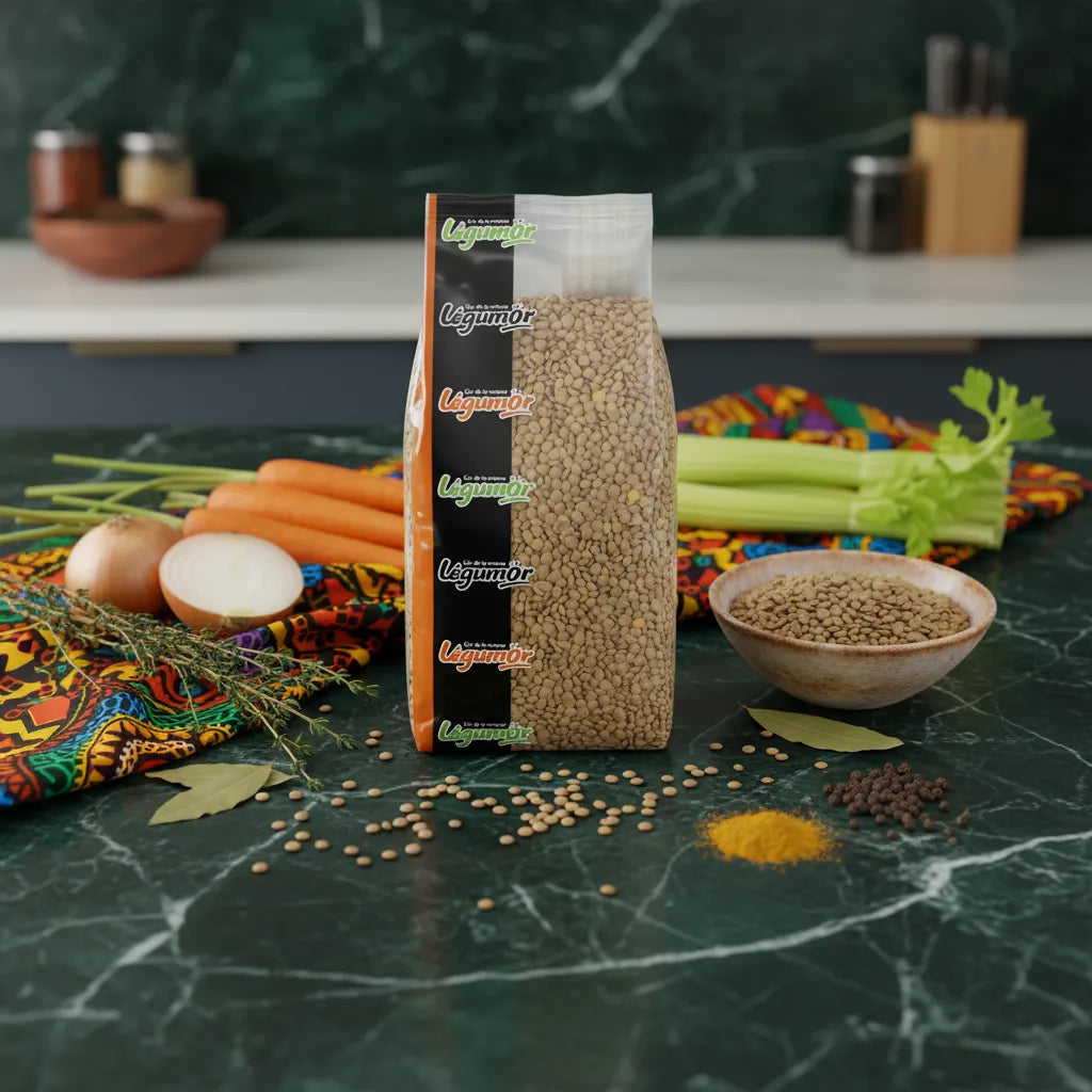 Sachet de lentilles blondes 4 mm LEGUMOR posé sur un plan de travail avec légumes frais, parfait pour recettes saines et riches en protéines.