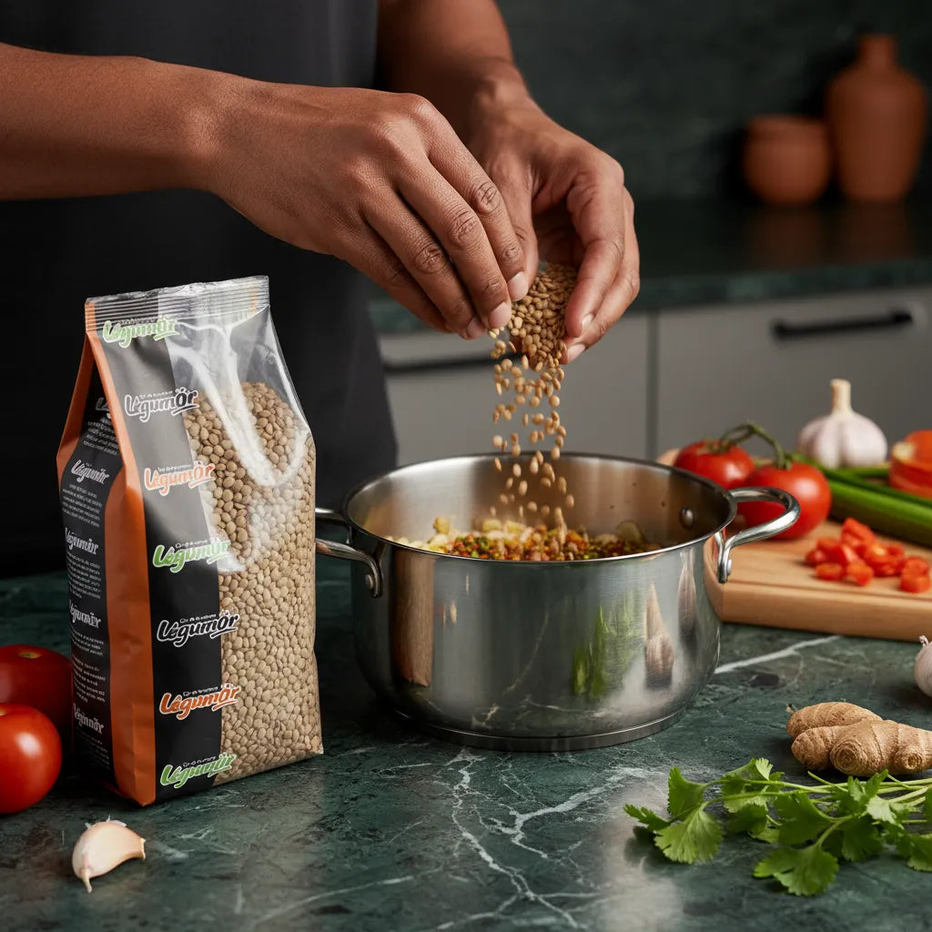 Préparation culinaire avec lentilles blondes 4 mm LEGUMOR versées dans une casserole, idéales pour soupes et plats mijotés riches en fibres.