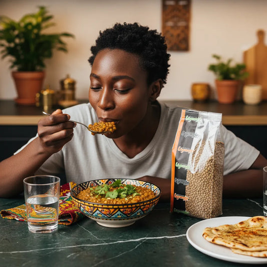 Femme dégustant un plat de lentilles blondes 4 mm LEGUMOR, produit d'épicerie salée nutritif et savoureux pour repas maison équilibré.