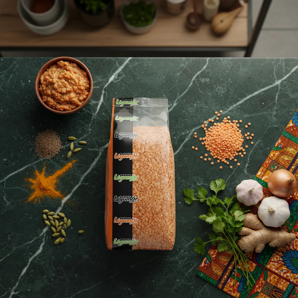 Sachet de lentilles rouges LEGUMOR sur plan de travail avec épices et légumes, parfait pour recettes équilibrées et riches en saveurs.