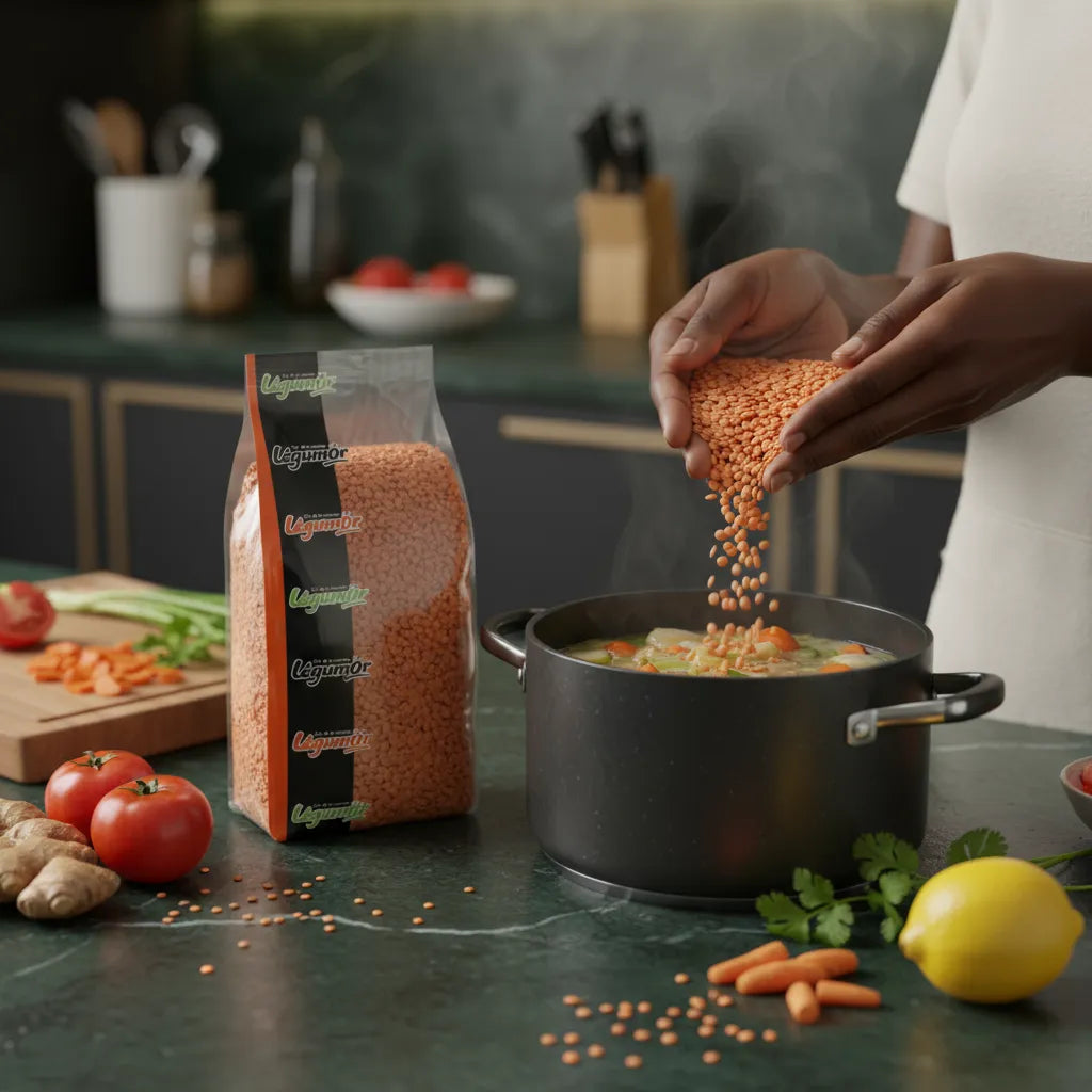 Préparation d’un plat sain avec lentilles rouges LEGUMOR versées dans une casserole, parfaites pour des repas rapides et nutritifs.
