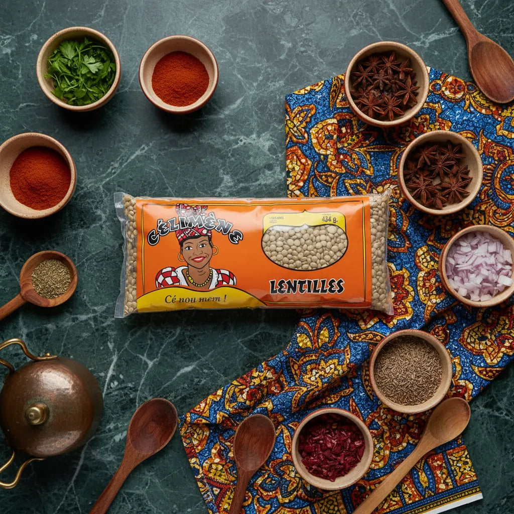 Lentilles CELIMENE entourées d'épices variées sur une nappe colorée, illustrant leur usage culinaire dans l'épicerie salée.
