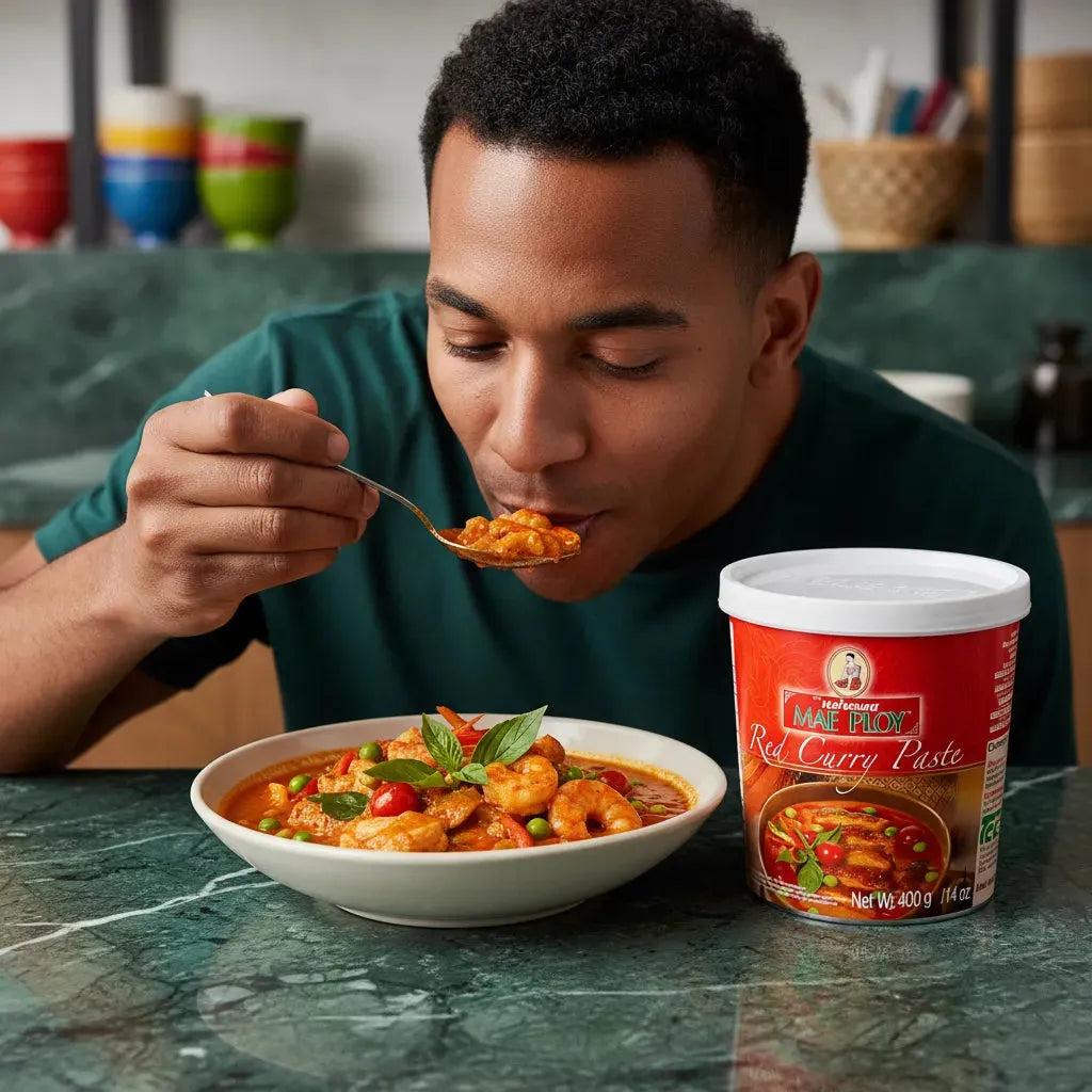Homme dégustant un plat cuisiné avec la pâte de curry rouge MAE PLOY, base savoureuse aux saveurs épicées pour recettes exotiques.