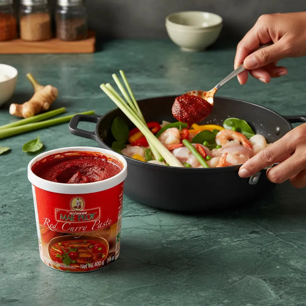 Cuisson d’un plat aux légumes et crevettes avec pâte de curry rouge MAE PLOY, base aromatique pour recettes asiatiques maison.
