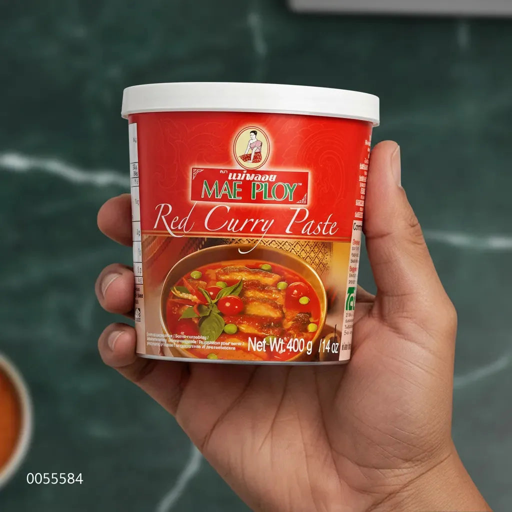 Pot de pâte de curry rouge MAE PLOY 400g tenu en main, produit d’épicerie salée aux saveurs riches pour cuisine épicée.
