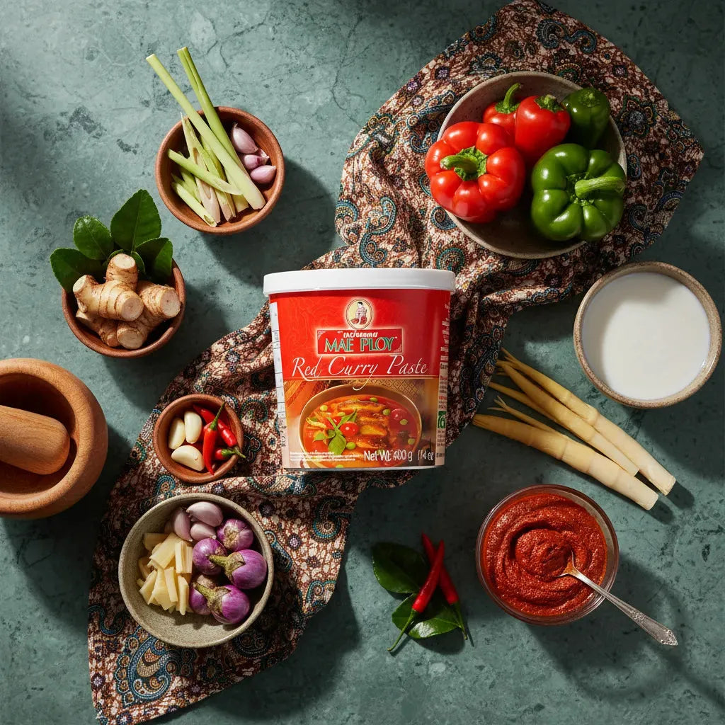 Pâte de curry rouge MAE PLOY entourée d'ingrédients frais comme citronnelle, piments et lait de coco, parfaite pour plats thaï épicés.