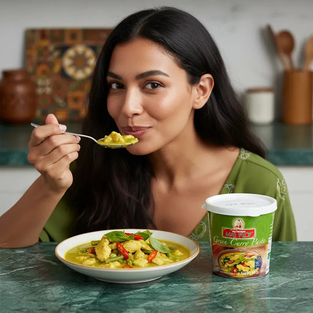 Femme dégustant un curry préparé avec la pâte curry vert MAE PLOY, accompagnée du pot en premier plan, parfait pour une cuisine asiatique maison.