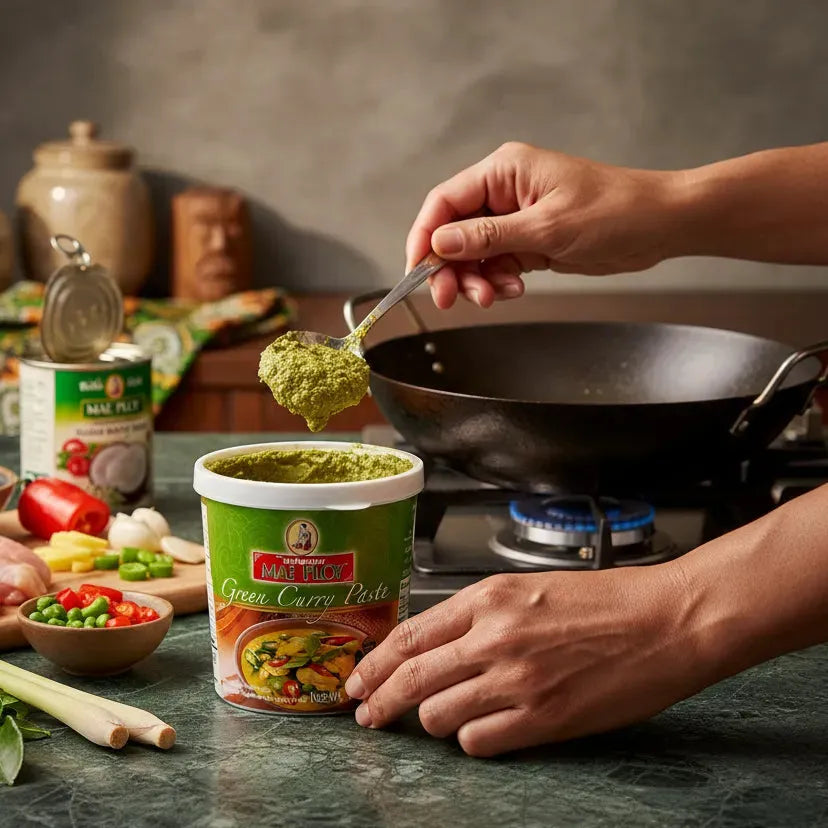 Cuillère de pâte curry vert MAE PLOY prélevée du pot, prête à être cuisinée avec des légumes frais pour un plat thaï savoureux et épicé.
