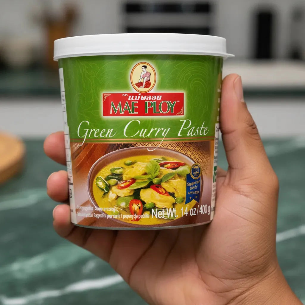 Main tenant un pot de pâte curry vert MAE PLOY 400g, parfait pour rehausser les plats avec des saveurs thaï épicées et authentiques.