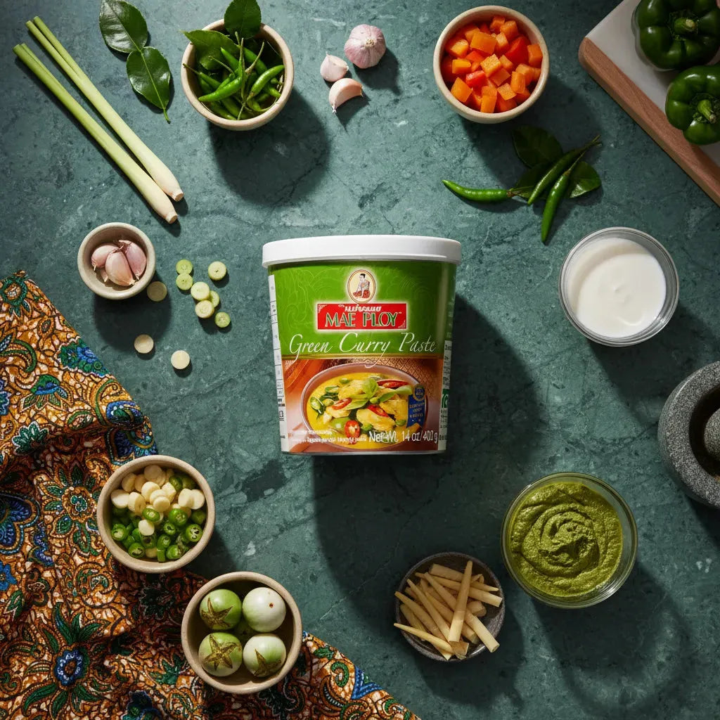 Pâte Curry Vert MAE PLOY entourée d’ingrédients frais comme citronnelle, lait de coco et piments, idéale pour recettes thaïlandaises authentiques.