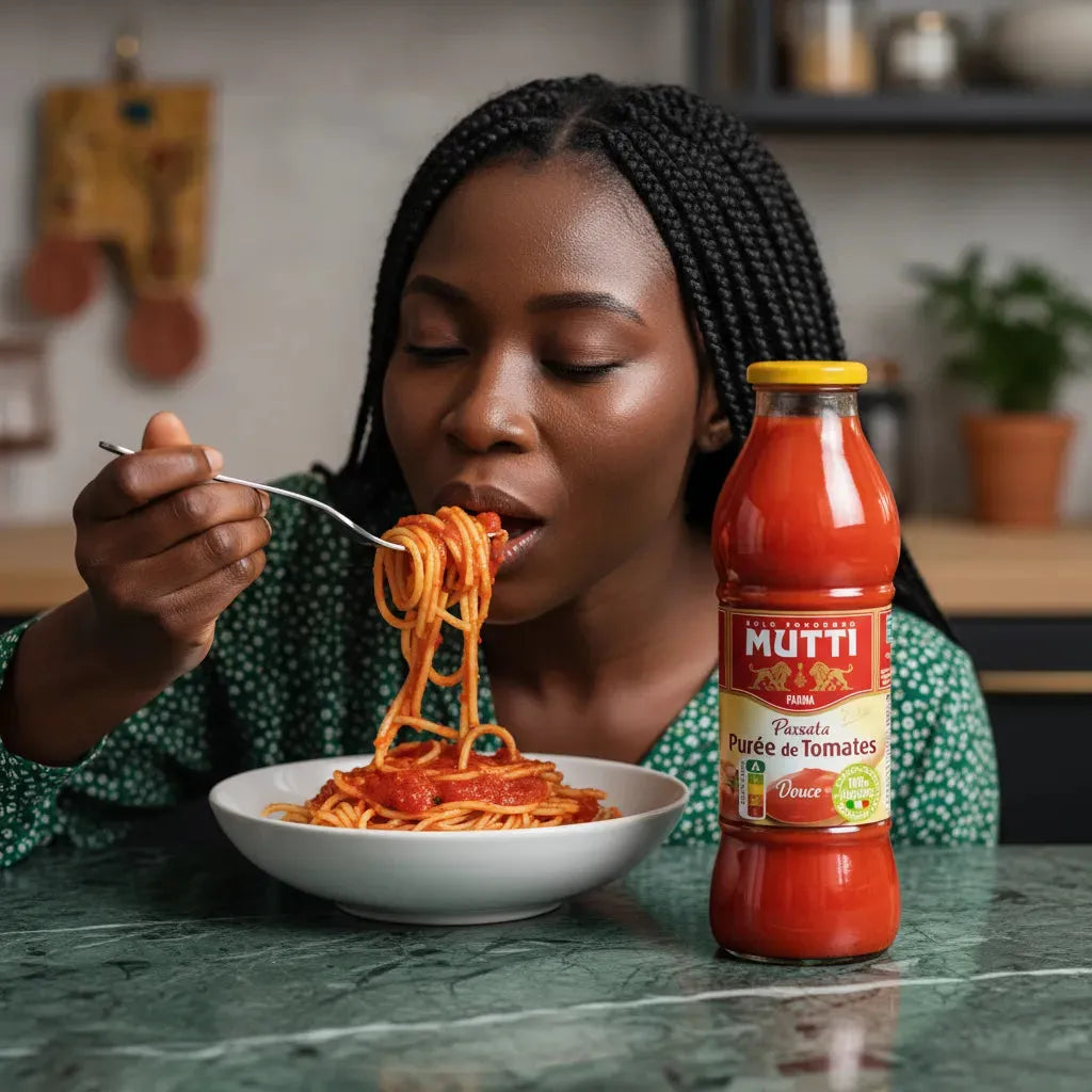 Femme dégustant des spaghettis à la sauce préparée avec la purée de tomate MUTTI - Saveur Authentique, texture lisse.