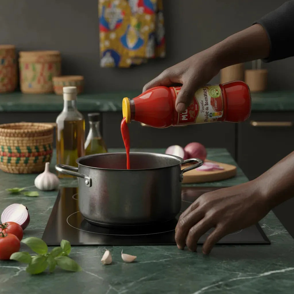 Versement de la purée de tomate MUTTI dans une casserole, parfaite pour préparer des sauces savoureuses et authentiques.