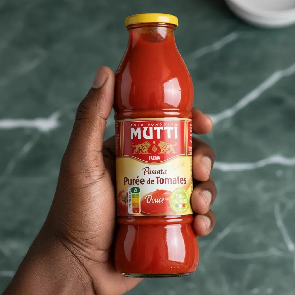 Main tenant une bouteille de purée de tomate MUTTI - Texture lisse, 100% tomates italiennes, idéale pour l'épicerie salée.