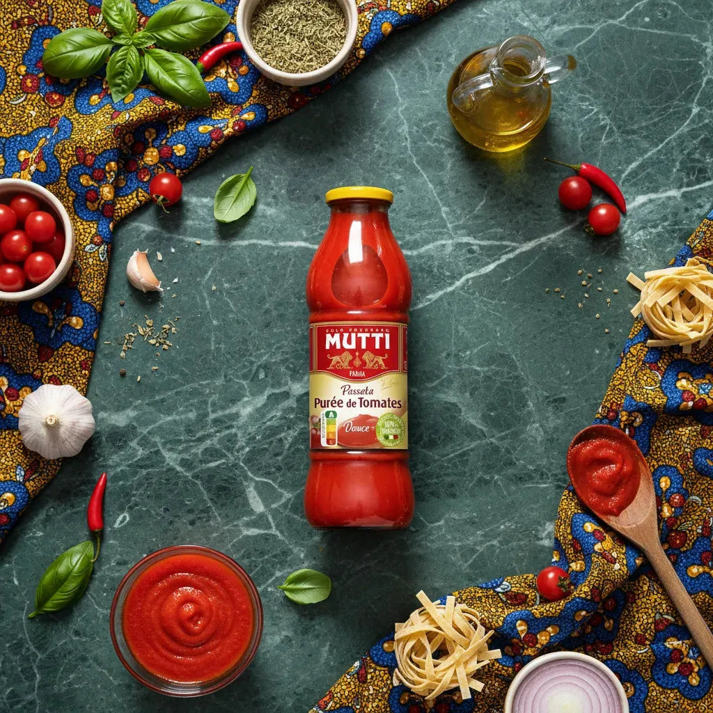 Purée de tomate MUTTI entourée d'ingrédients frais sur fond vert, parfaite pour cuisiner sauces et plats méditerranéens.