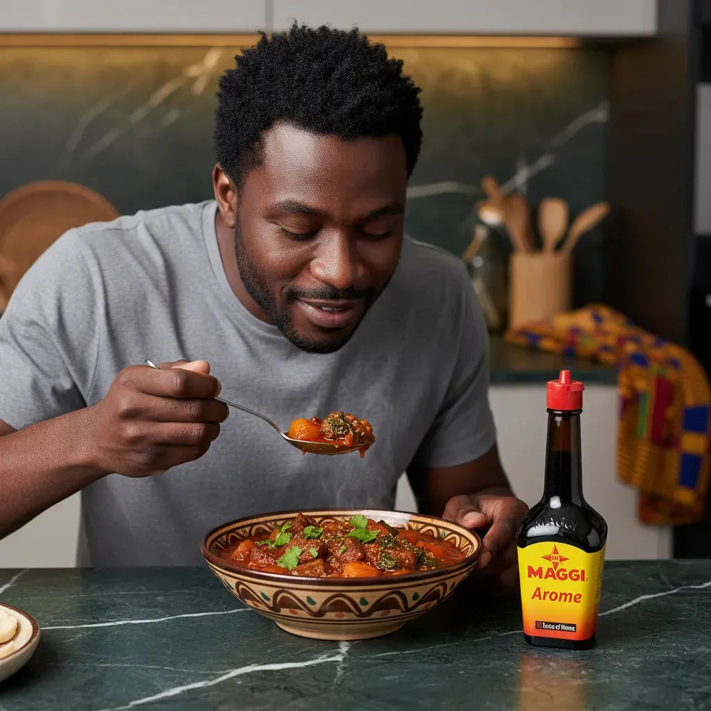 Homme dégustant un plat mijoté accompagné d’une bouteille d’Arôme MAGGI, assaisonnement savoureux pour cuisine maison authentique.