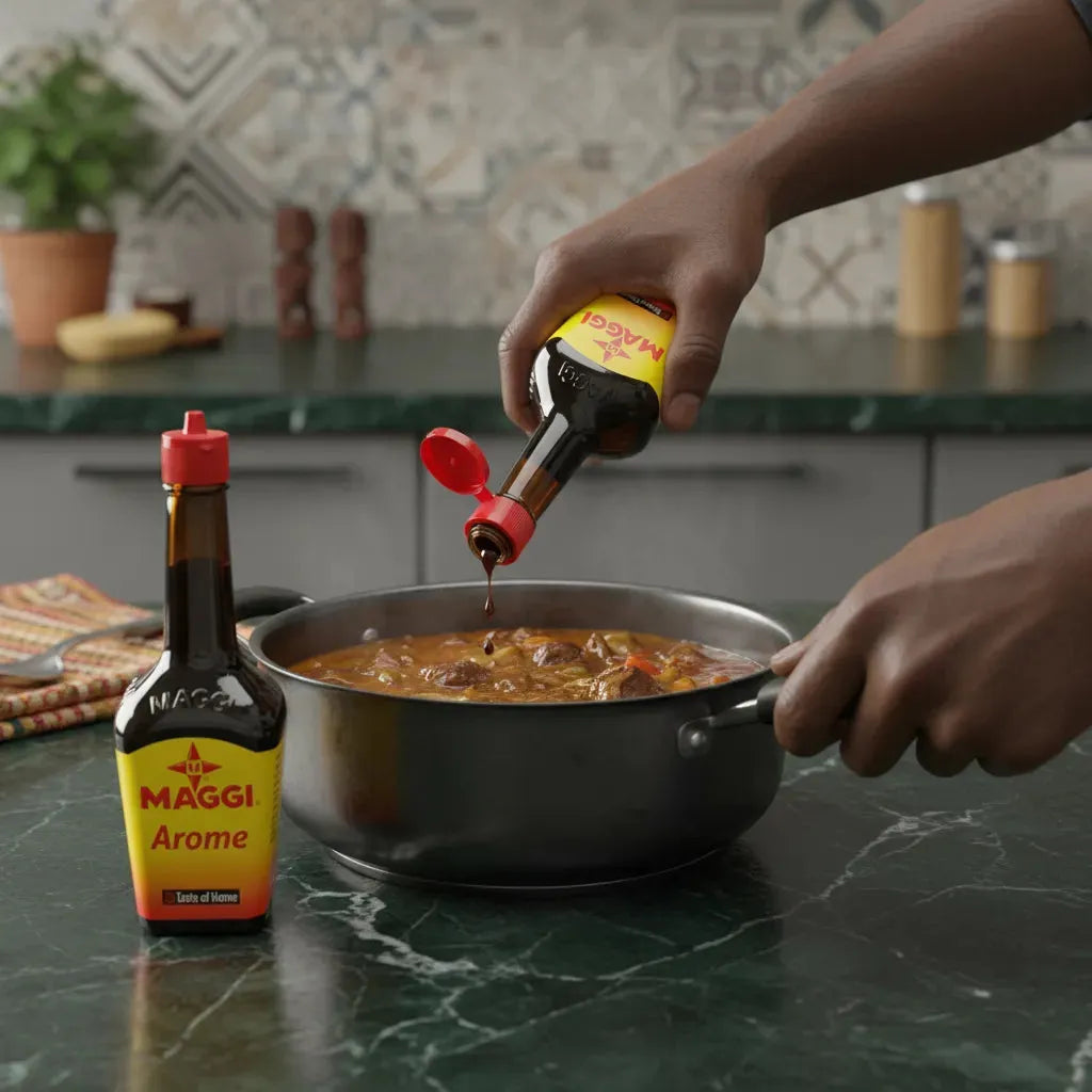 Main versant l’Arôme MAGGI dans une marmite de ragoût, ajoutant une saveur umami intense à la cuisine salée traditionnelle.