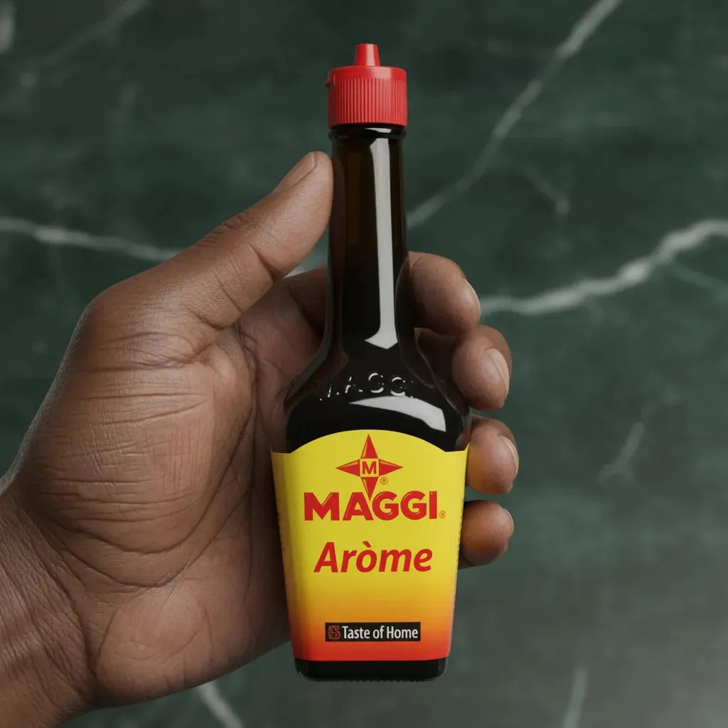 Main tenant une bouteille d’Arôme MAGGI, assaisonnement emblématique pour relever les plats avec goût umami et authenticité.