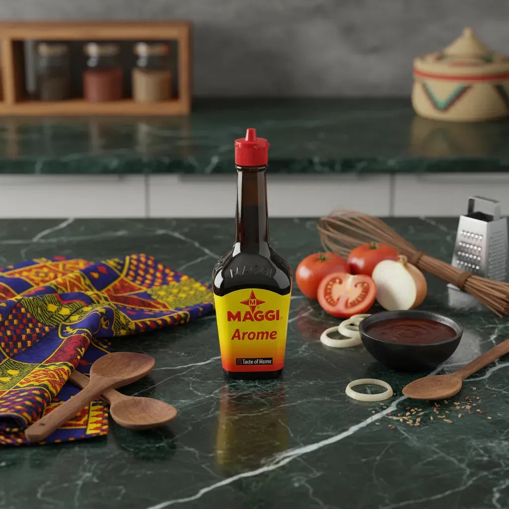 Bouteille d’Arôme MAGGI sur plan de travail avec ustensiles et légumes, ingrédient essentiel pour enrichir sauces et plats africains.
