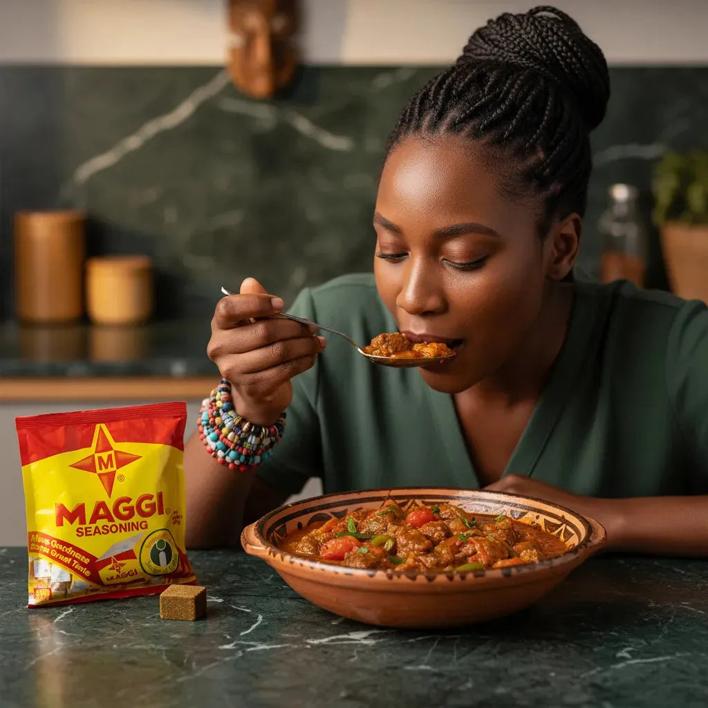 Femme dégustant un plat préparé avec le bouillon étoile MAGGI, saveur riche idéale pour soupes et viandes mijotées.