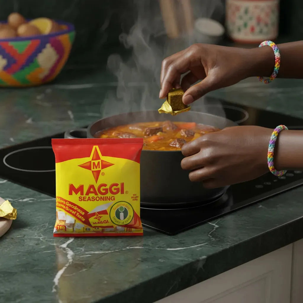 Utilisation du bouillon étoile MAGGI dans une soupe chaude, ajoutant une saveur riche aux plats mijotés maison.
