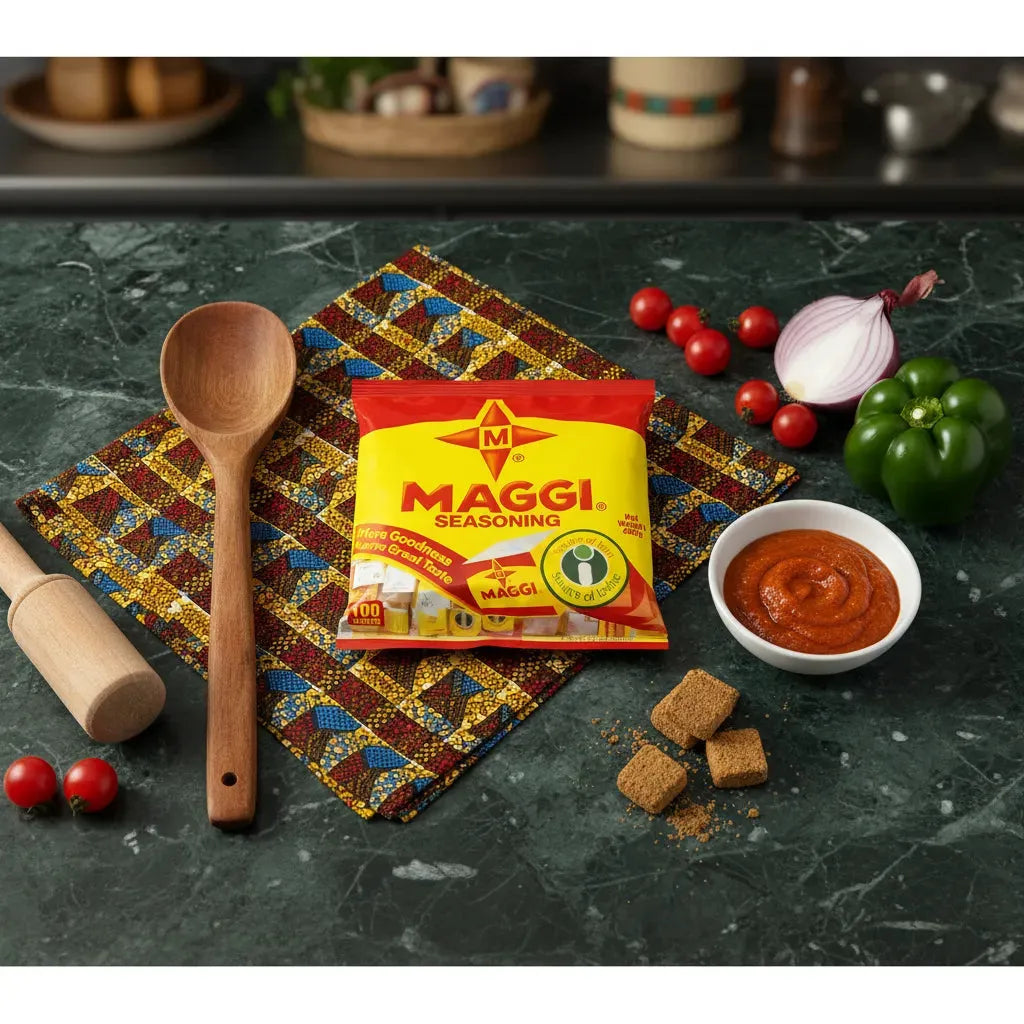 Bouillon étoile MAGGI posé sur un plan de travail avec légumes et épices, parfait pour recettes de cuisine africaine.