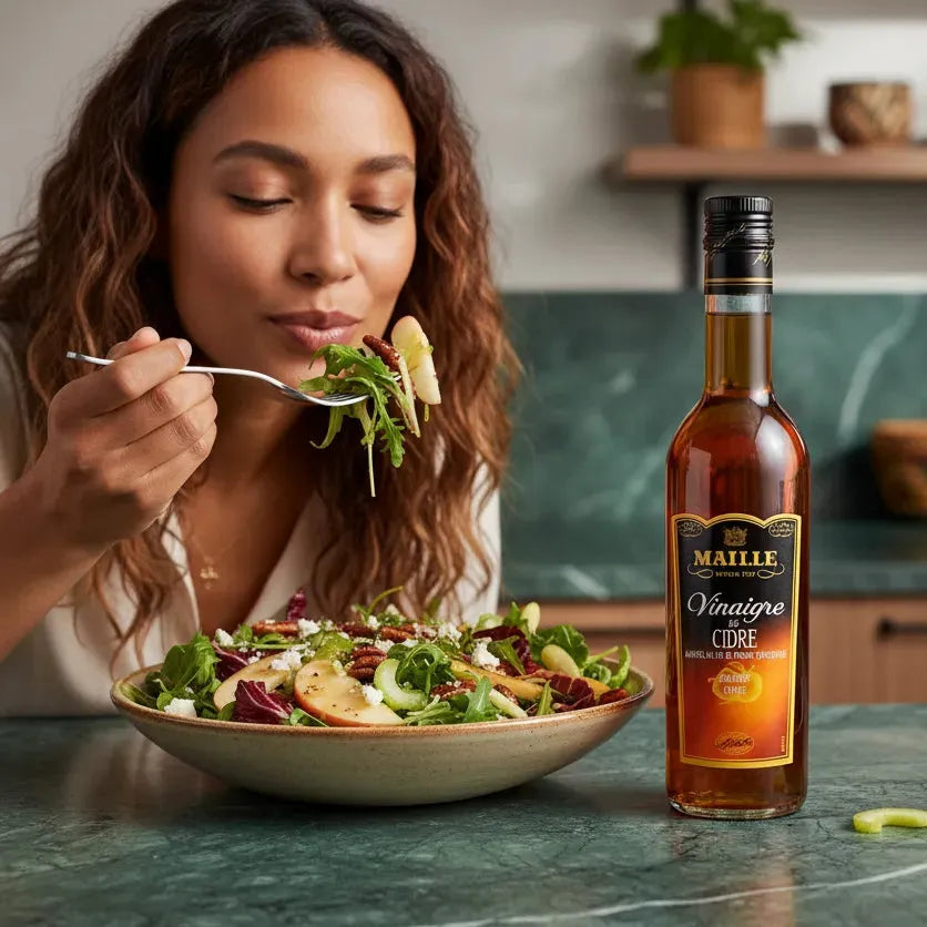Femme dégustant une salade assaisonnée avec le vinaigre de cidre MAILLE, condiment fruité pour plats équilibrés et savoureux.